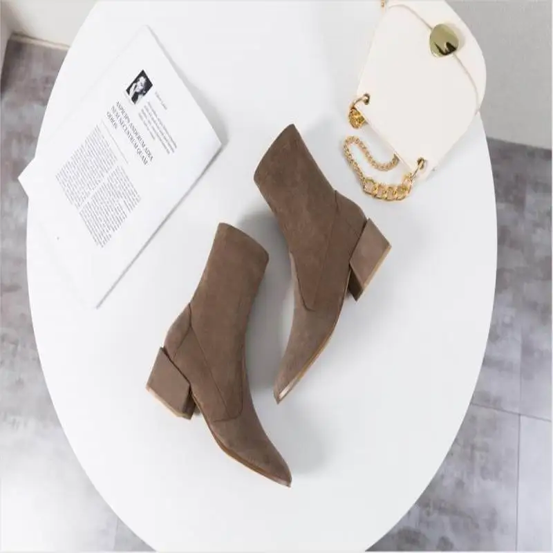 

Booties women's single boots bright leather thick with patent leather new square head with ins net red thin boots fashion sexy