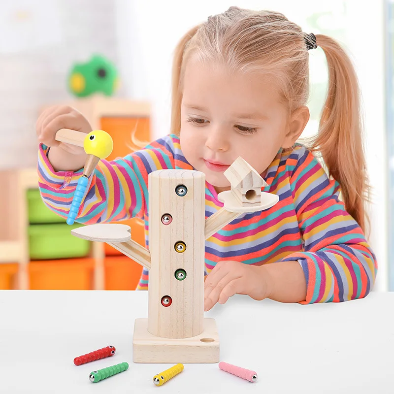 Детская обучающая математическая игрушка Монтессори, деревянный дятел, Лови червей, игровой набор для малышей, девочек и мальчиков, магнитная деревянная игрушка
