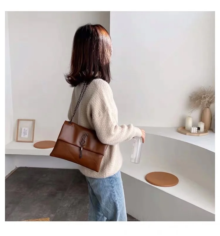 Bolso de hombro de cuero de para mujer, bolso de bandolera con cadena, Bolso grande de diseñador de marca famosa, bolso de