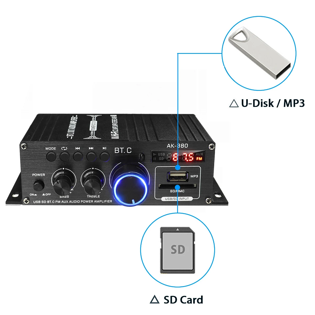 2 Channel Bluetooth 800W Power Amplifier AK380/AK370/AK170 Audio Karaoke Home Theater Amplifier Class D Amplifier USB SD AUX