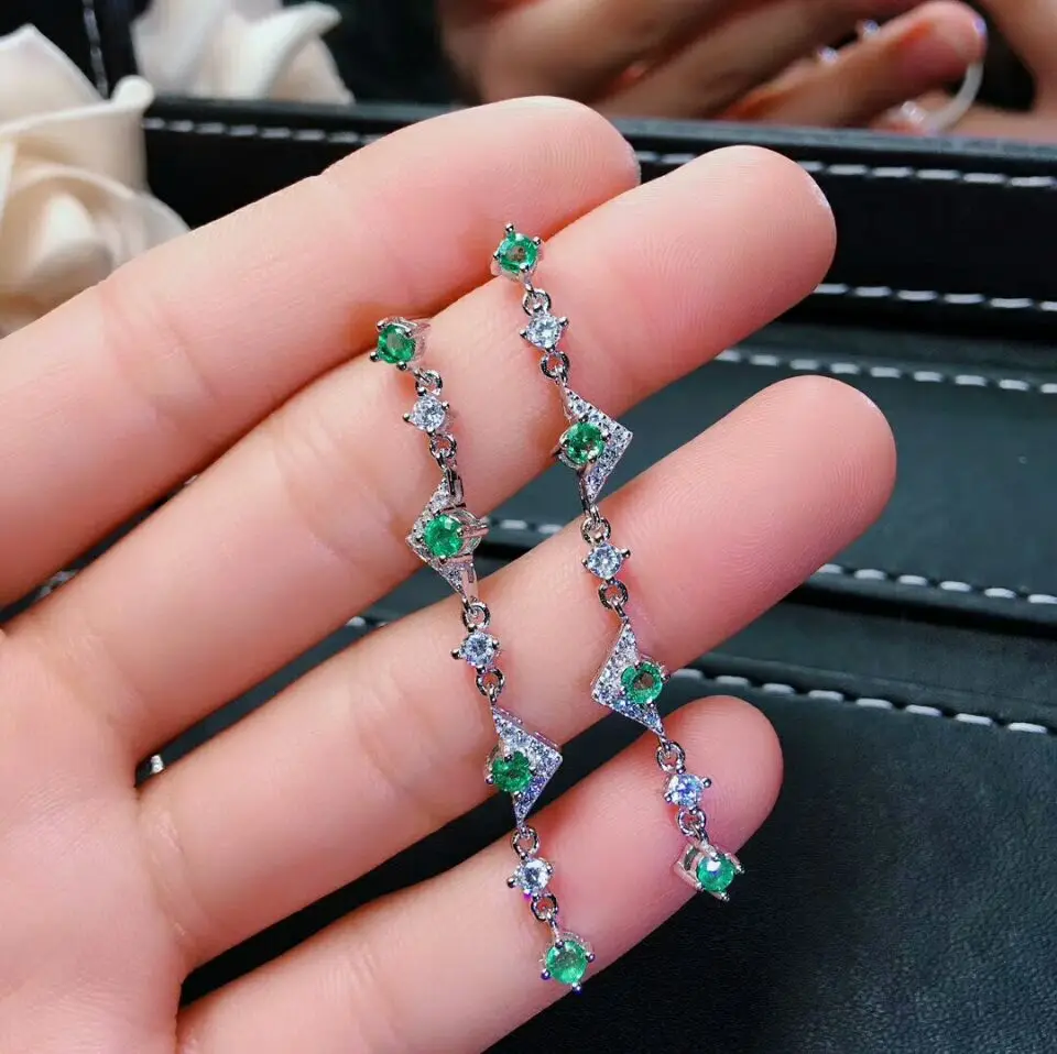 MeiBaPJ Natural Columbia Emerald Green Gemstone Long Drop Earrings Real 925 Silver Fine Charm Jewelry for Women | Украшения и