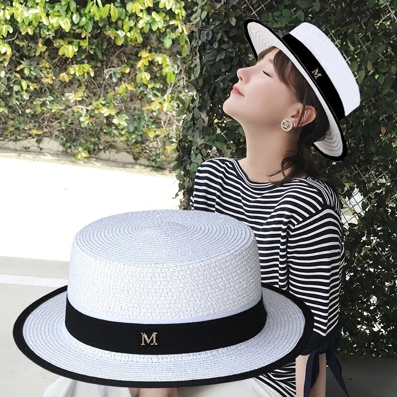 Flat Top Straw Hat Men Boater Hats Bone 