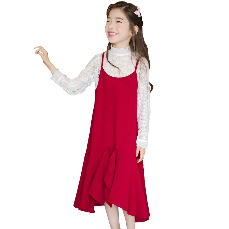 Новые весенние комплекты одежды для девочек новые детские платья на подтяжках+ кружевные рубашки с длинными рукавами однотонные комплекты одежды для девочек