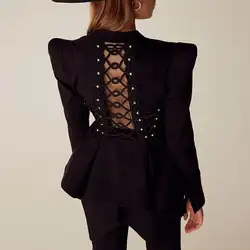 Мода 2019 осень Laides выдалбливают асимметричный подол тонкий блейзеры для женщин с длинным рукавом V шеи Черная куртка в готическом стиле