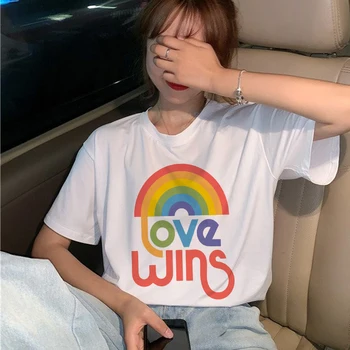 

New Lgbt Gay Love Harajuku T Shirt Women Lesbian Ullzang 90s T Shirt Graphic Rainbow Love Is Love Tshirt Cartoon Top Tees Female