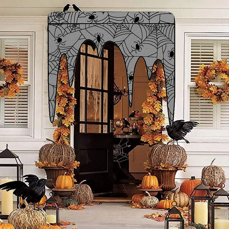 Aunted House Gothic Black Lace Spider Web Table Cloth Curtains Halloween Tablecloth Halloween Decor 105Cmx107Cm