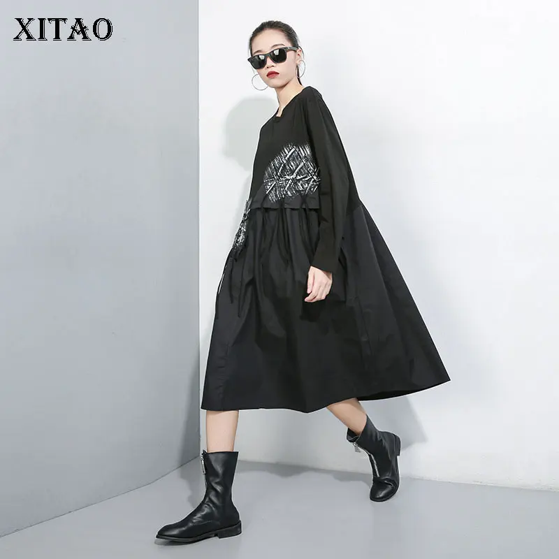 

XITAO Pleated Print Pattern Dress Women Fashion Patchwork 2019 Autumn Pullover Wind Cold Black Elegant Casual Dress WQR1526
