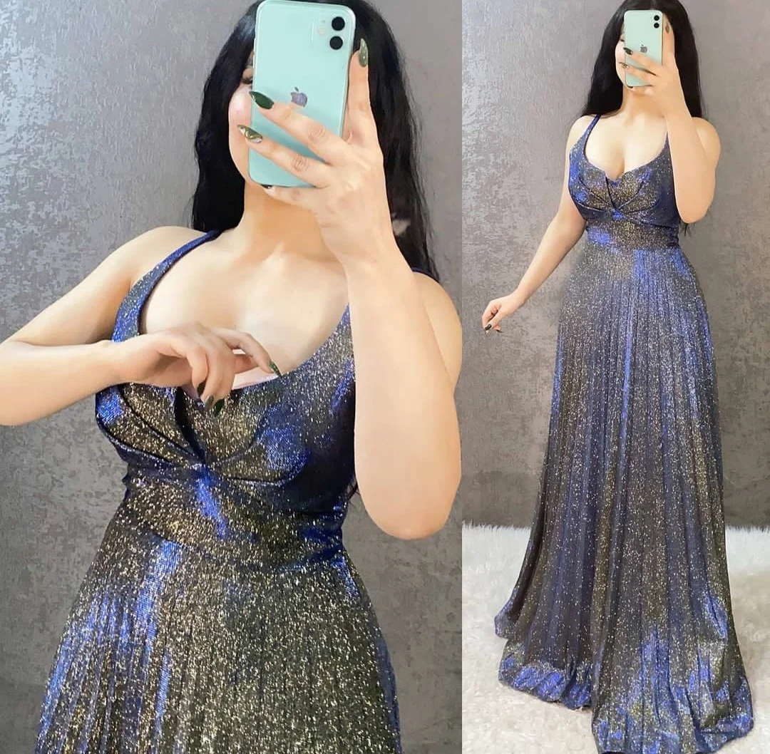 

Sexy V-Neck Spaghetti Strap Glitter Evening Dresses Long A-Line Lace Up Back Abendkleider Robes de Soirée for Women