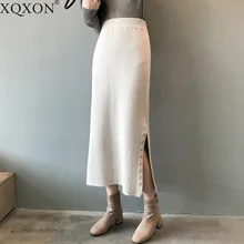 Зима Женская трикотажная макси юбка Повседневная Высокая талия разделенная трикотажная эластичная Женская длинная юбка