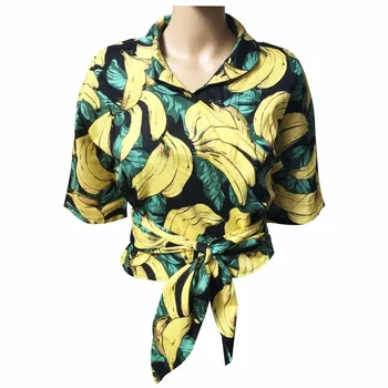 

Fashionable Navel Banana Print Top Tencel Cotton Irregularly Worn Small Shawl Thin Section Short-Sleeved Blouse 2020 Spring New