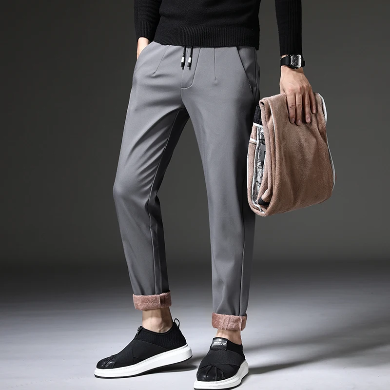 gray Velvet Зимние толстые флисовые теплые мужские деловые Прямые корейские повседневные штаны, мужские бархатные облегающие штаны с эластичной резинкой на талии - Цвет: gray Velvet