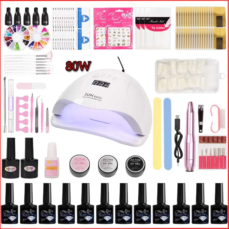 

Manicure set 45w/80w x5 UV LED lamp&20000RPM nail Machine With Nail Gel Polish Kit Soak Off Gel Nail Polish For Nail Art Tools