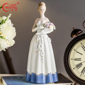 

Porcelain Bride Statue With Diamonds Skirt Western Handmade Beautiful Woman Figurine Tall Ceramic Art Luxury Unique Wedding Gift