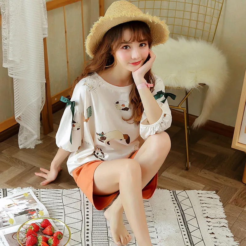 

Women Summer Pajama Sets Korean Style Cartoon Print 2 Piece Set Shorts Elastic Waist Loose Home Wear pyjamas Sleepwear