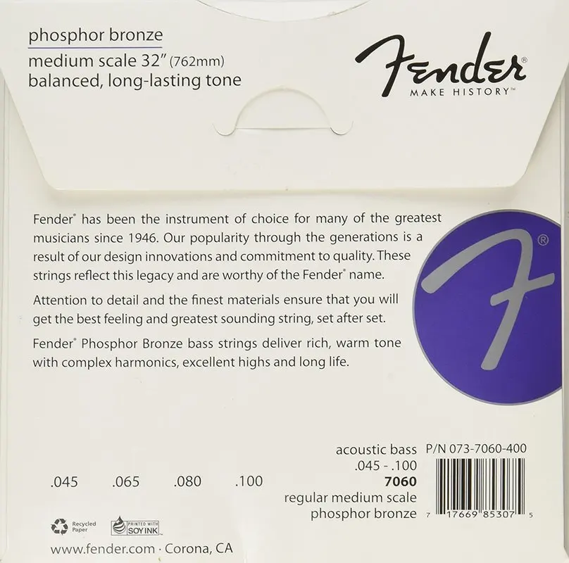 Fender 7060 ФОСФОРНЫЕ бронзовые для акустической бас гитары струны, среднего масштаба, 45-100