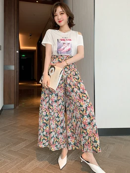 

Trendy Sexy off-Shoulder round Neck Printed T-shirt + Floral Slit Wide Leg Pants Suit Women's Fashion Summer New Style