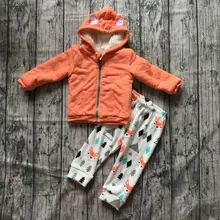 Осенне-зимняя детская одежда для маленьких девочек хлопок Оранжевый Рисунок лисицы комплекты флисовые штанишки бутик длинный рукав Толстовка Топ теплая детская одежда