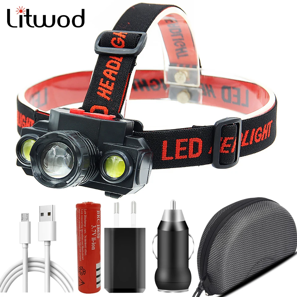 XP-E Q5 & COB Led Headlamp Use Rechargeable 18650 Battery Headlight Zoomable Lamp Torch Light for Camping Litwod head flashlight cob headlamp