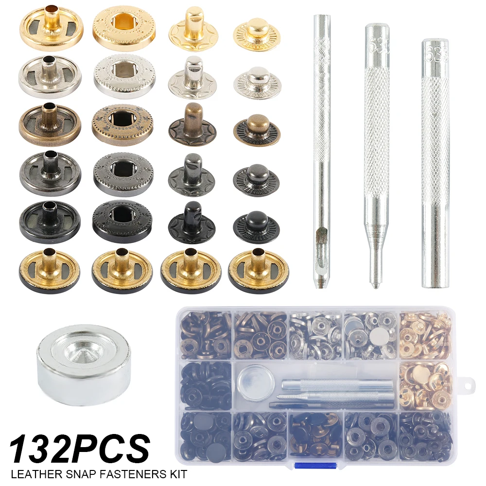 132pcs Leather Snap Fasteners Kit 6 Colors Metal Snap Buttons Press Studs 4 Pieces Fixing Tools Storage Box for DIY Supplies