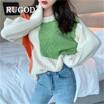 

RUGOD Autumn Winter New Style Chic Contrast Color Pullover O-neck Knitted Sweater Kpop Clothes Fashion 2019