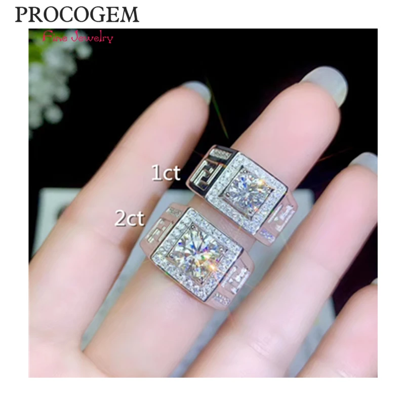 PROCOGEM Moissanite мужские кольца 0.5ct1ct 2ct VVS отличный блеск обручальные кольца серебро 925 пробы ювелирные украшения#682