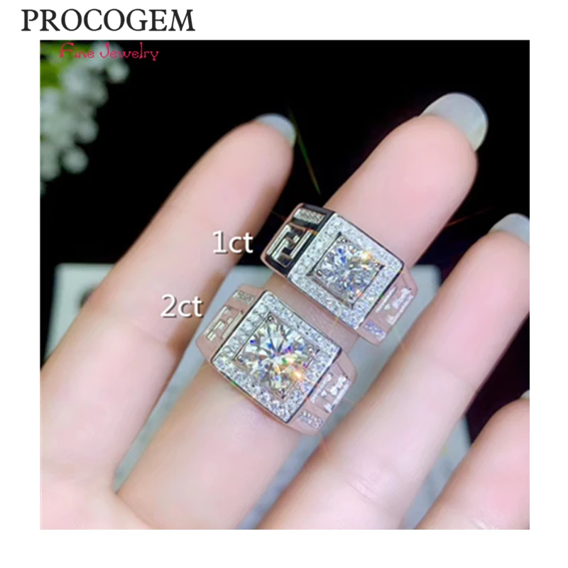 PROCOGEM Moissanite мужские кольца 0.5ct1ct 2ct VVS отличный блеск обручальные серебро 925 пробы