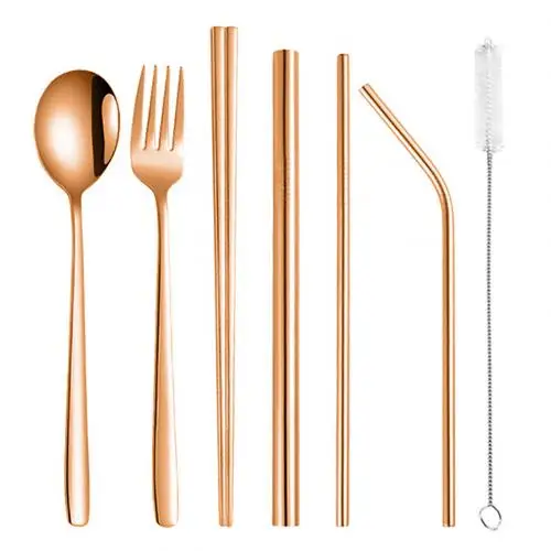 Rose Golden Hot 8Pcs Stainless Steel Tableware Kit Chopsticks Spoon Fork Straws Cutlery Set New - Цвет: Rose Golden