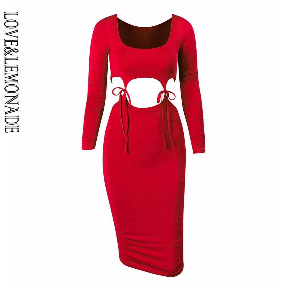 

LOVE&LEMONADE Sexy Round Neck Deep Red Two-Pieces Tie Rope Pleated Mid Sleeve Bodycon Dress LM90085 Autumn/Winter