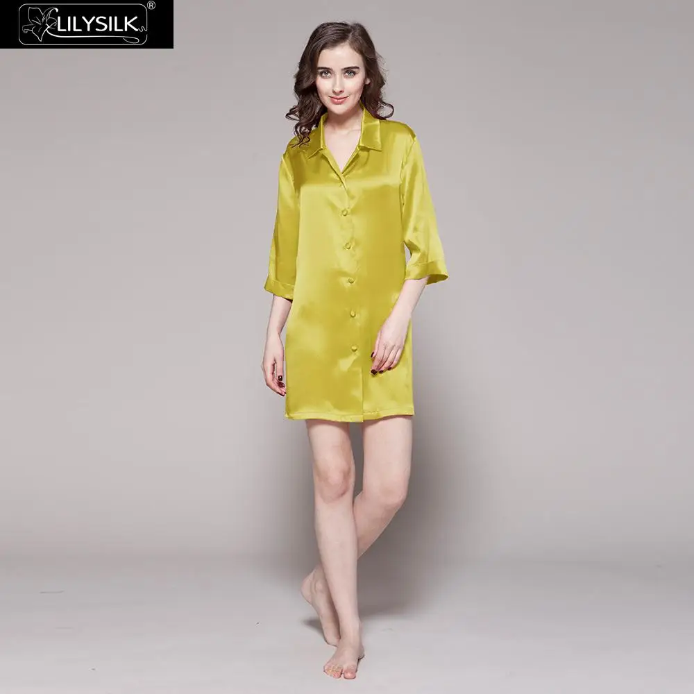Zinnia Yellow LilySilk Ночная сорочка Сорочка женская ночная рубашка платье из натурального шелка 22 momme 3/4 рукав кнопка Мини Ночная рубашка женская сексуальная Роскошная - Цвет: Zinnia Yellow