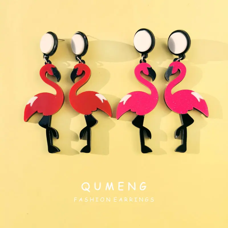 QUMENG корейские модные большие акриловые серьги гвоздики с фламинго для женщин и