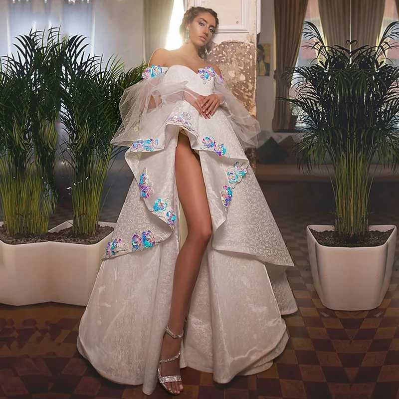 Eightale Prom Dresses 2020 Sweetheart Appliques Blue Flowers High Side Split White Ivory Long Sleeve Evening Gown Party Dress