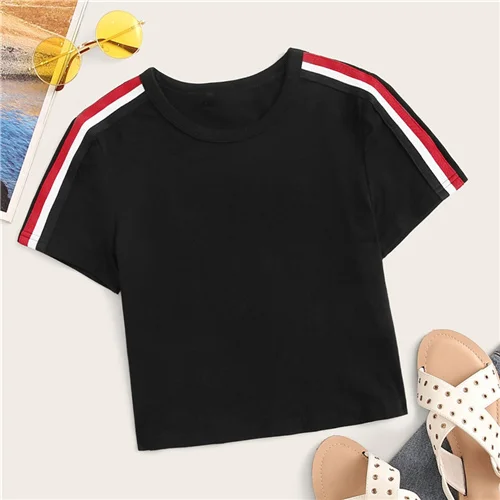 SweatyRocks топ в контрастную полоску, уличная одежда с коротким рукавом, женские футболки с боковой полосой, летние повседневные женские короткие футболки - Цвет: Черный