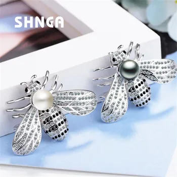 

Fashion Trendy Cute 925 Sterling Silver Bee Pearl AAA Cubic Zirconia Pins Brooches For Women Silver 925 Jewelry BX008