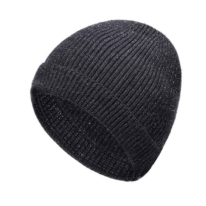 Зимние вязаные теплые шапки Skullies для женщин, кашемировая вязаная шапка бини, Женская шерстяная пушистая подкладка, Посеребренная пряжа