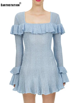 

Free Shipping Sexy Square Collar Cross Leaky Back Frill Decoration Slim Fit Ice Silk Knit Dress Ladies Autumn New Thin Style