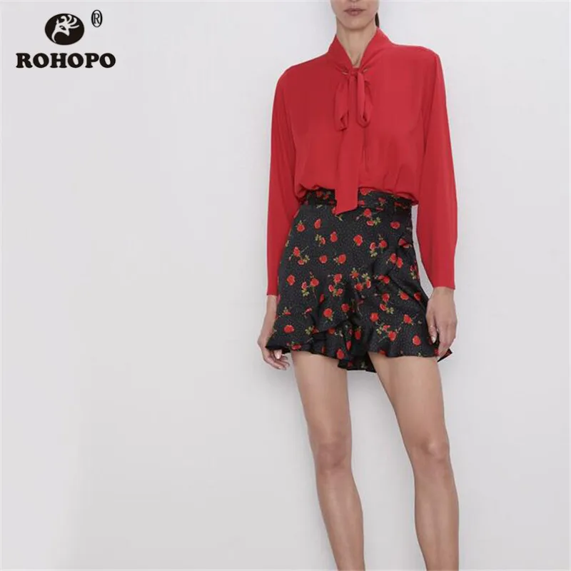 

ROHOPO Bow Collar Red Blouse Long Sleeve Round Edge Autumn Chic Office Chic Solid Top Tee Shirt #6143