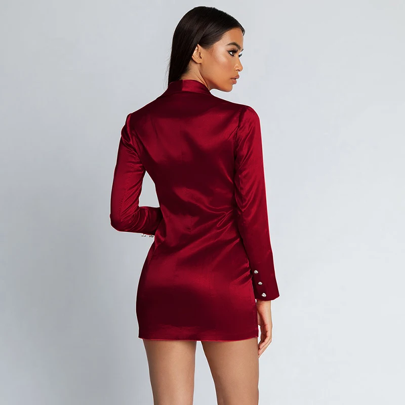 Autumn Fashion Women Suit Dress Notched Lapel Plunge Buttons Long Sleeves Fluorescent Club Party Blazer Casual Mini Dress