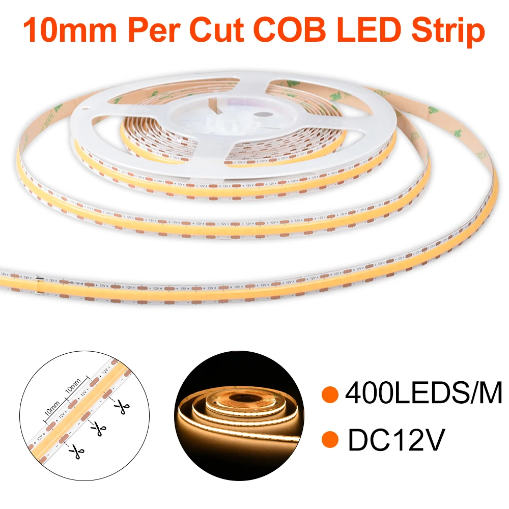 

IP20 DC12V 10mm Per Cut 400Chips/M Dimmable COB LED Stripe 2700K 3000K 4000K 6000K 8mm PCB Width Linear Tape For Indoor Lighting