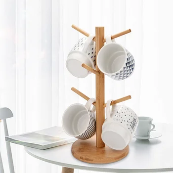 

Creative Bamboo Draining Cup Holder Bottom Non-slip Solid Durable Household Hanging Key Tea Cup Storage Rack
