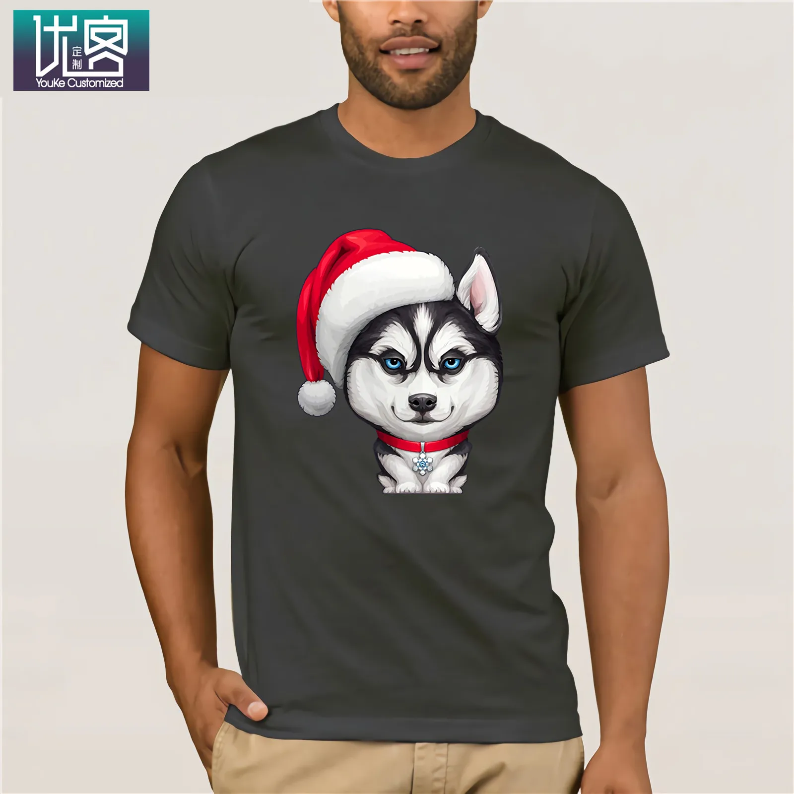 Siberian Husky Wearing A Santa Hat Рождественская футболка удивительные Уникальные повседневные топы с короткими рукавами винтажные с вырезом лодочкой - Цвет: Charcoal Gray