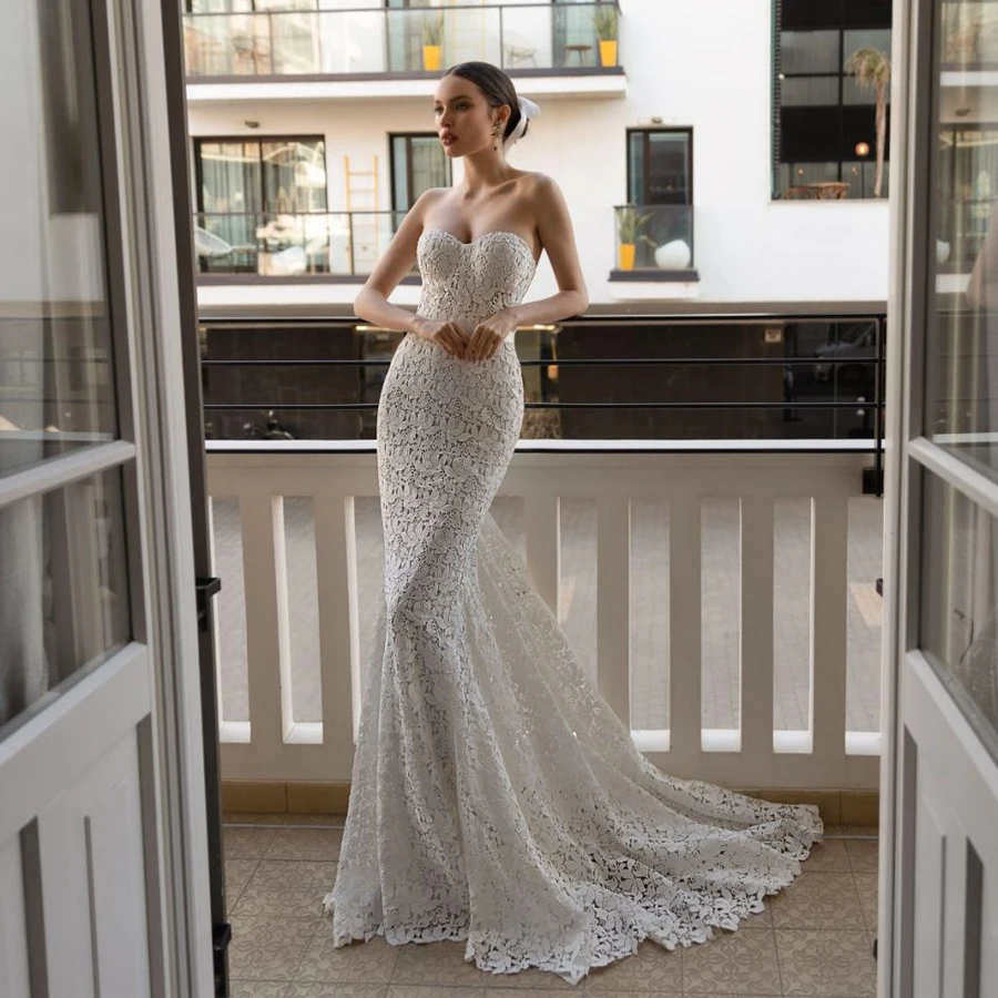 

Strapless Matte Lace Mermaid Slim Wedding Dress with Removable Jacket Bridal Gown vestidos de fiesta largos elegantes