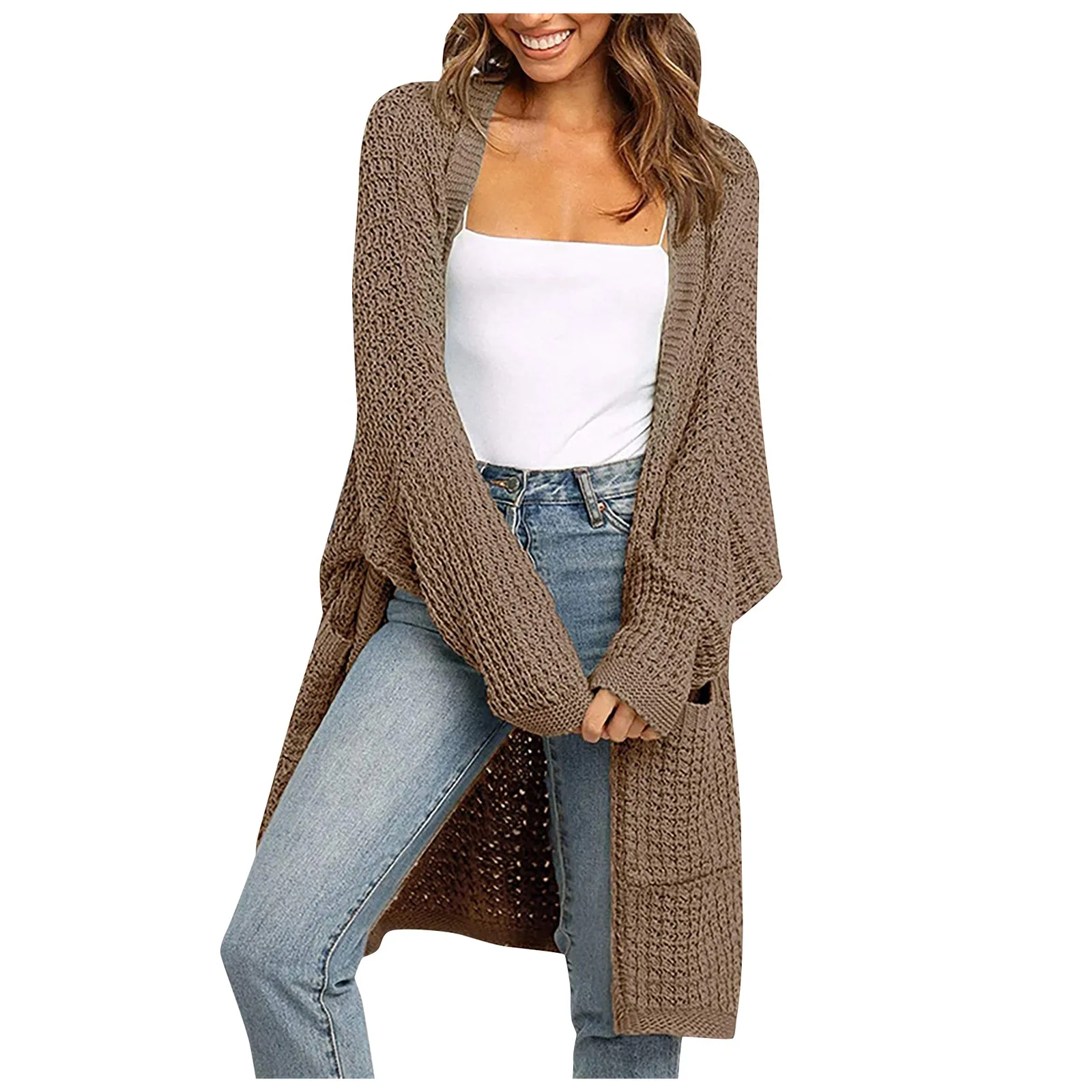 Cárdigan De Punto Grueso Para Mujer - Manga Larga, Con Bolsillos, Ideal Para El Otoño E Invierno, 100% Acrílico