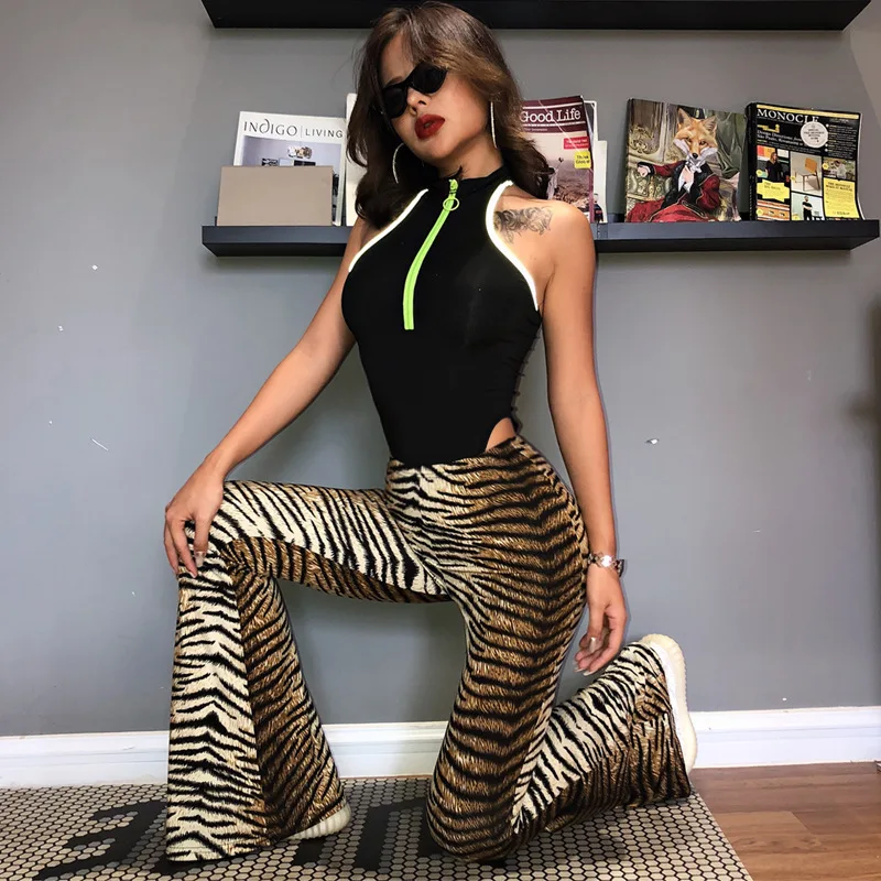 OSLLENLLA Tiger Stripe Printed Flare Pants Women High Waist Bell-Bottom Pants Ladies Leopard Flared Trousers Plus Size 2XL