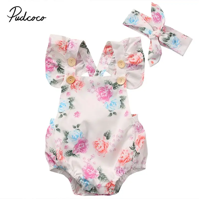 

Pudcoco 0-24M Baby Girls Floral Buttons Decor Romper Summer Infant Toddler Baby Girl Short Ruffle Sleeve Clothes Sunsuit Set