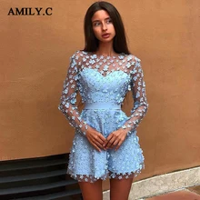 Amily. c последнее лето небесно-голубое вечернее платье женское с длинными рукавами и круглым вырезом кружевное мини-сексуальное платье для вечеринок