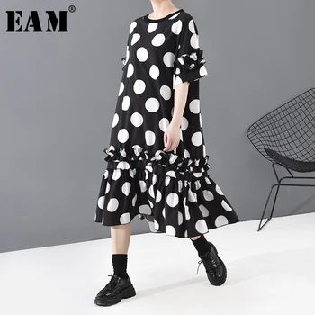 

[EAM] Women Black Dot Printed Ruffles Big Size Dress New Round Neck Short Sleeve Loose Fit Fashion Tide Spring Summer 2020 1T815