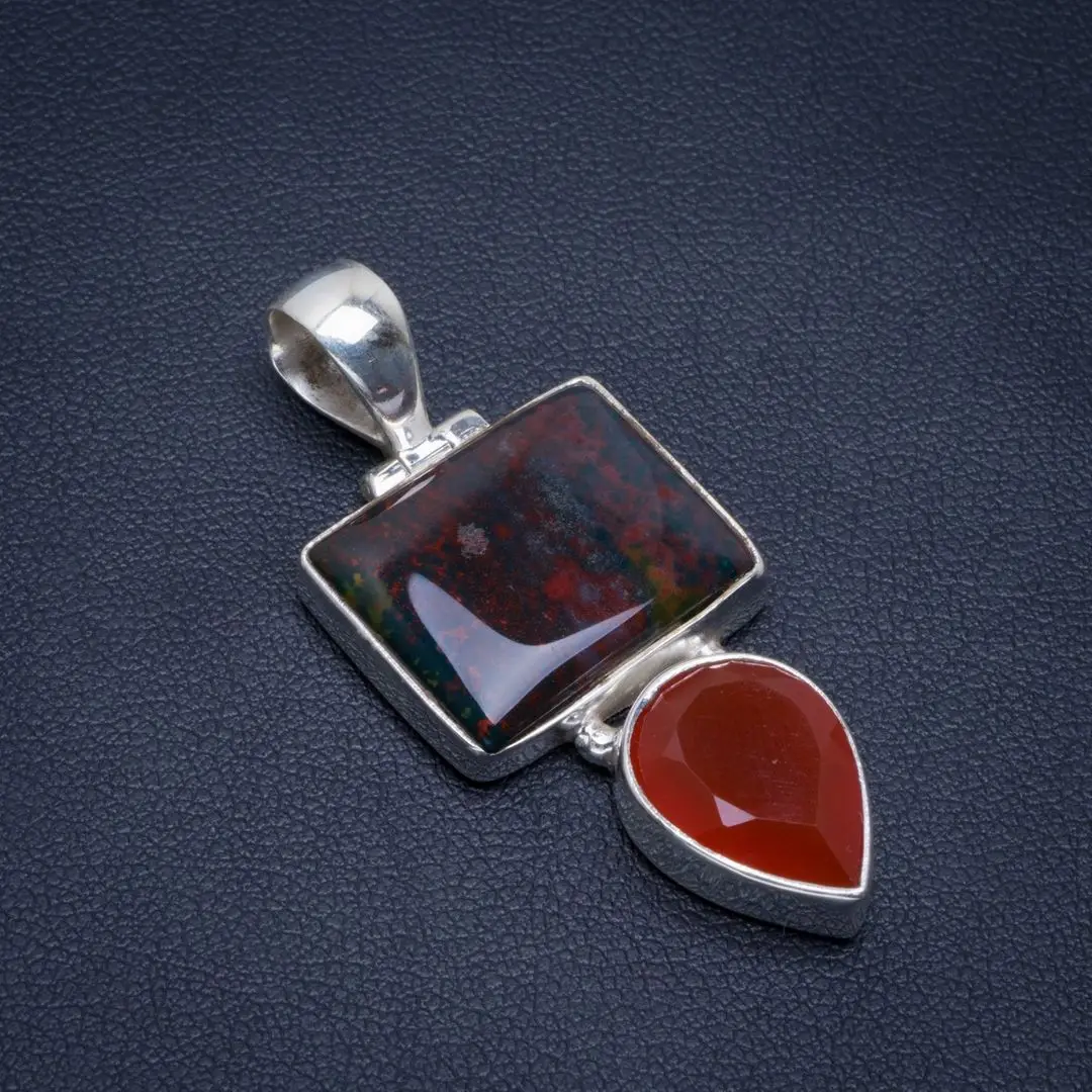 

Natural Blood Stone and Carnelian Handmade Unique 925 Sterling Silver Pendant 1.75" B3003