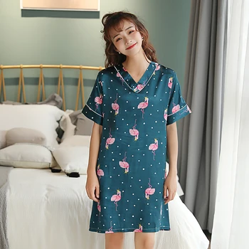 

WAVMIT 2020 Summer V-neck Silk Womens Sleepwear Sexy Sleepshirt Long Print Ladies Nightgown Shirt Skirt Girl Party Nightdress