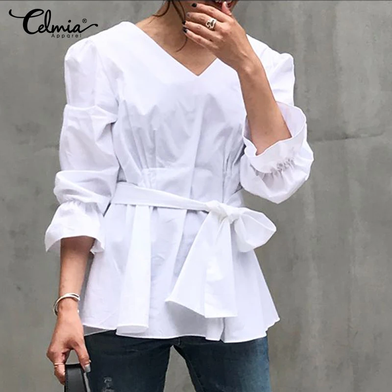 

Fashion Blouse 2019 Celmia Women Long Sleeve V-neck Female Tunic Shirt Belted Casual Loose Elegant Ruffles Blusas Plus Size Tops