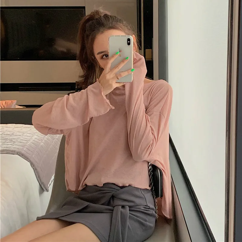 

loose Split ends Net yarn summer new long sleeve t-shirts Sun protection clothing casual solid color fashion brand tops Women
